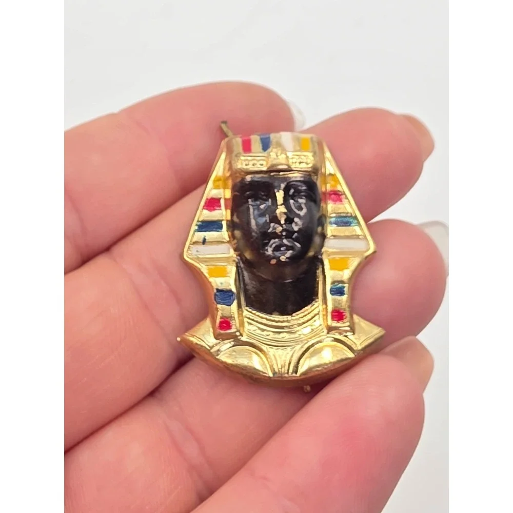 Vintage Egyptian Pharaoh King Tut Brooch Gold Tone Enamel Pin Revival Jewelry